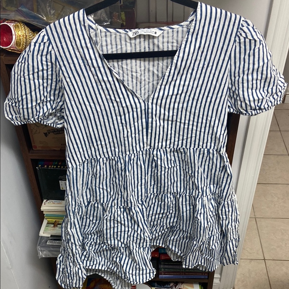 Zara Blue and White Ruffled Blouse